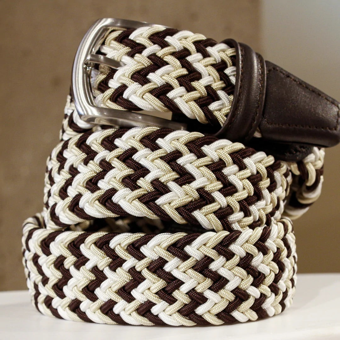 ANDERSON'S Brown and Cream Herringbone Elastic Woven Belt